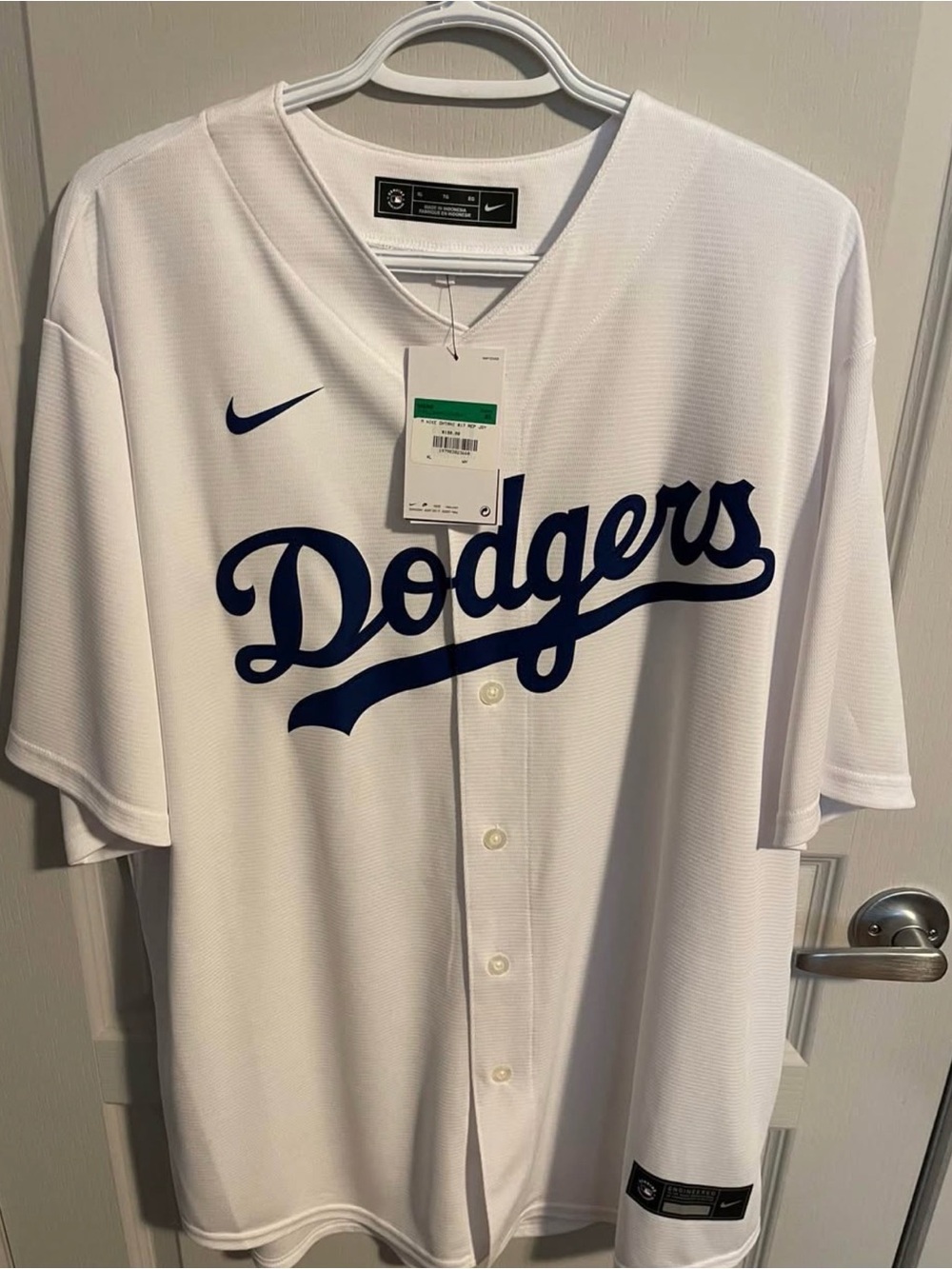 Nike White Dodgers Script Button Baseball Jersey with Blue Logo
